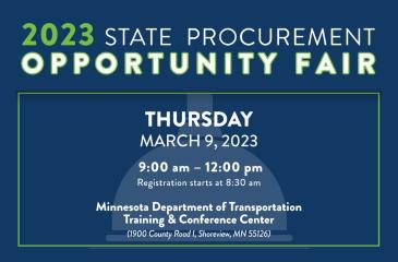 2023 State Procurement Opportunity Fair headline, Thursday, March 9, 2023. On blue background with Capitol Building graphic