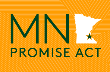 MN Promise Act logo with white state on orange background